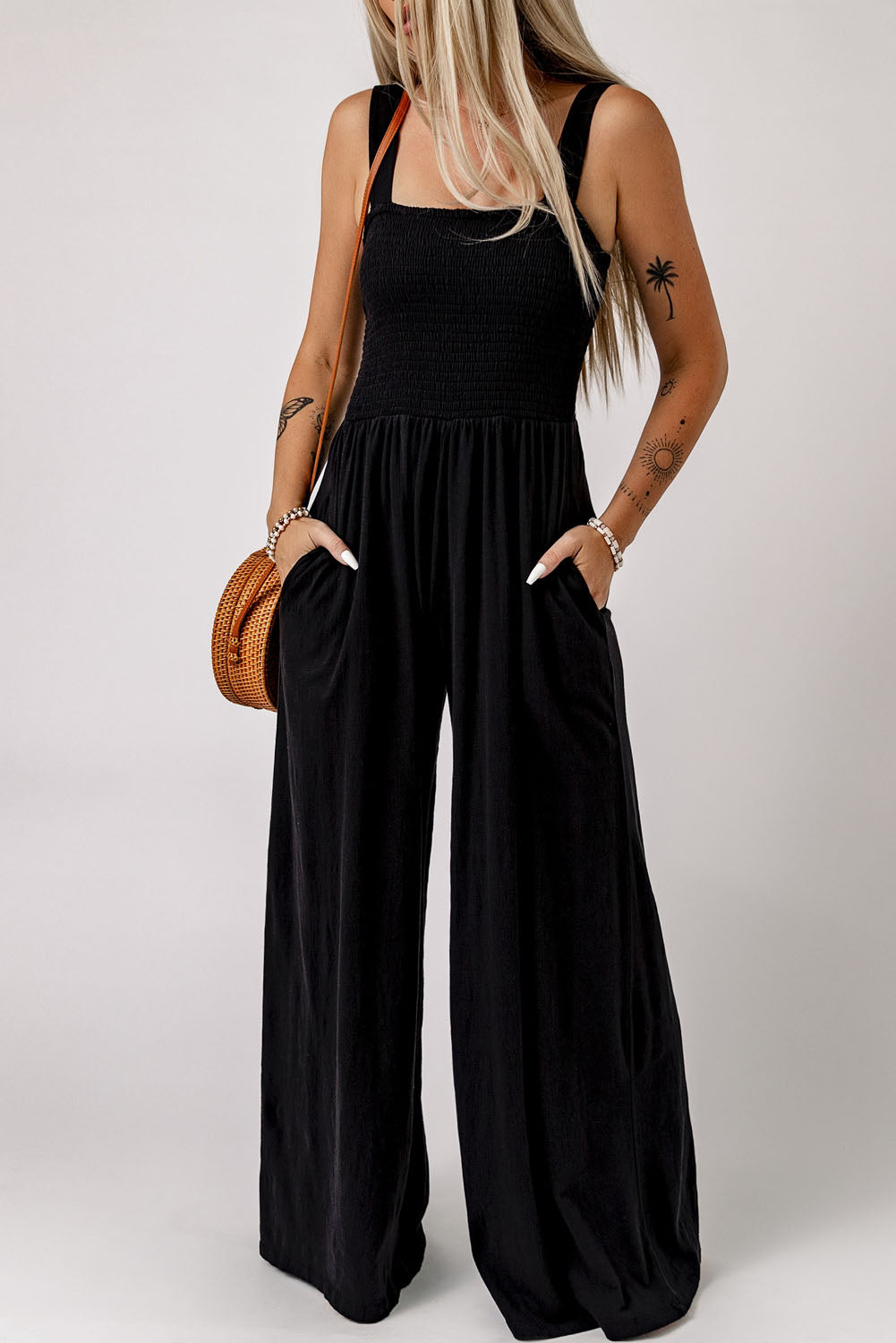 Smocked Square Neck Wide Leg Jumpsuit with Pockets  Jumpsuits & Rompers- Doll Fits