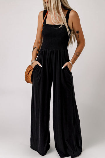 Smocked Square Neck Wide Leg Jumpsuit with Pockets  Jumpsuits & Rompers- Doll Fits