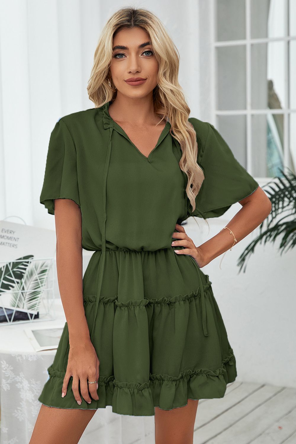 Tie Neck Frill Trim Short Sleeve Mini Dress  Dresses- Doll Fits