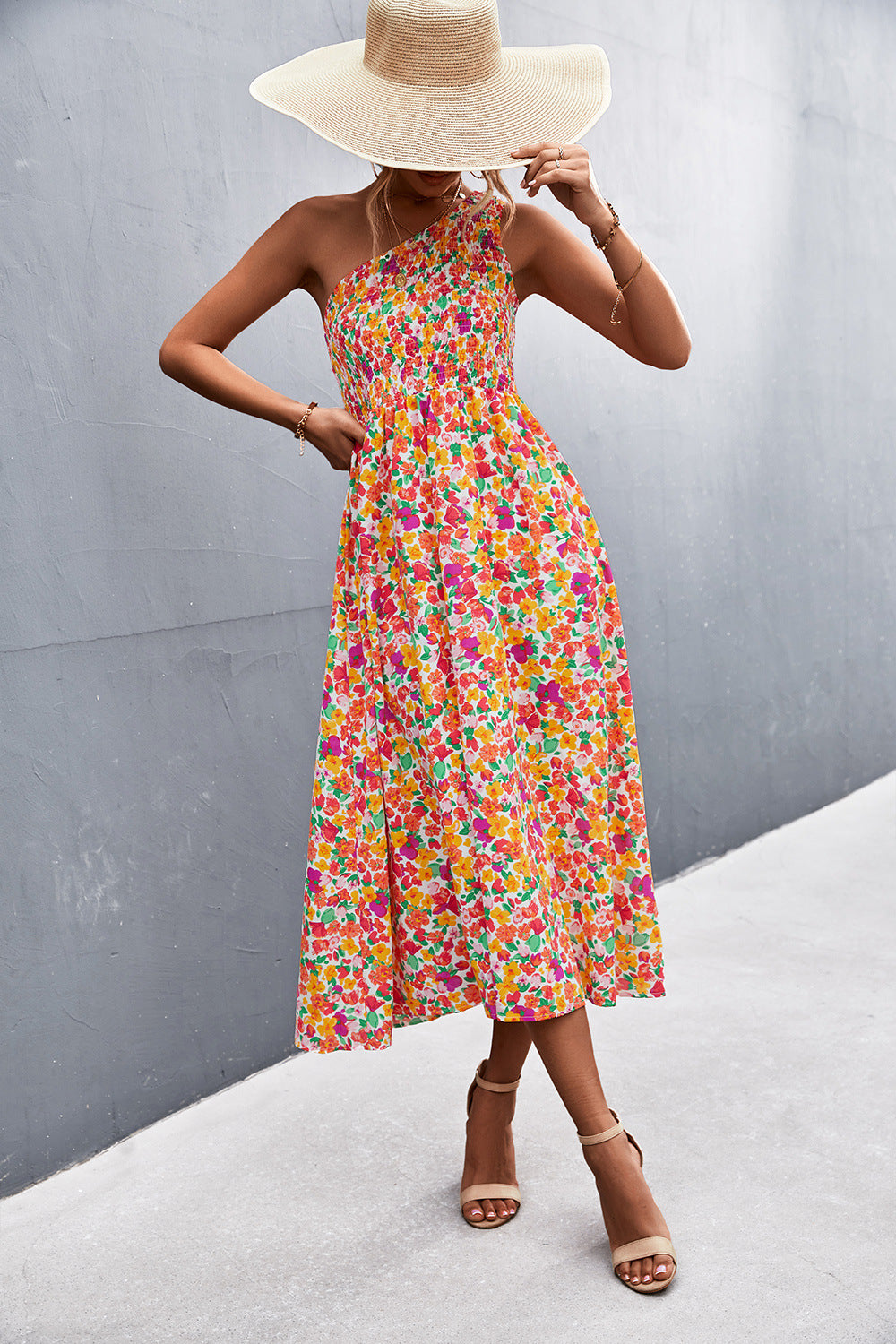 Floral Smocked One-Shoulder Midi Dress  Dresses- Doll Fits
