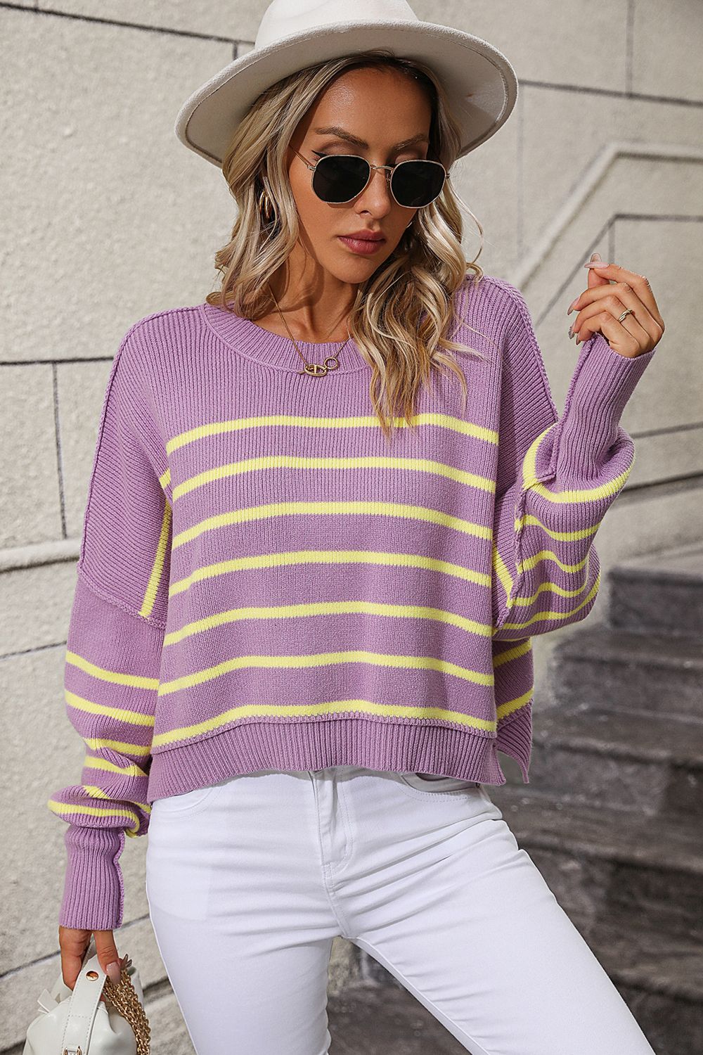 Striped Dropped Shoulder Round Neck Pullover Sweater  - Doll Fits