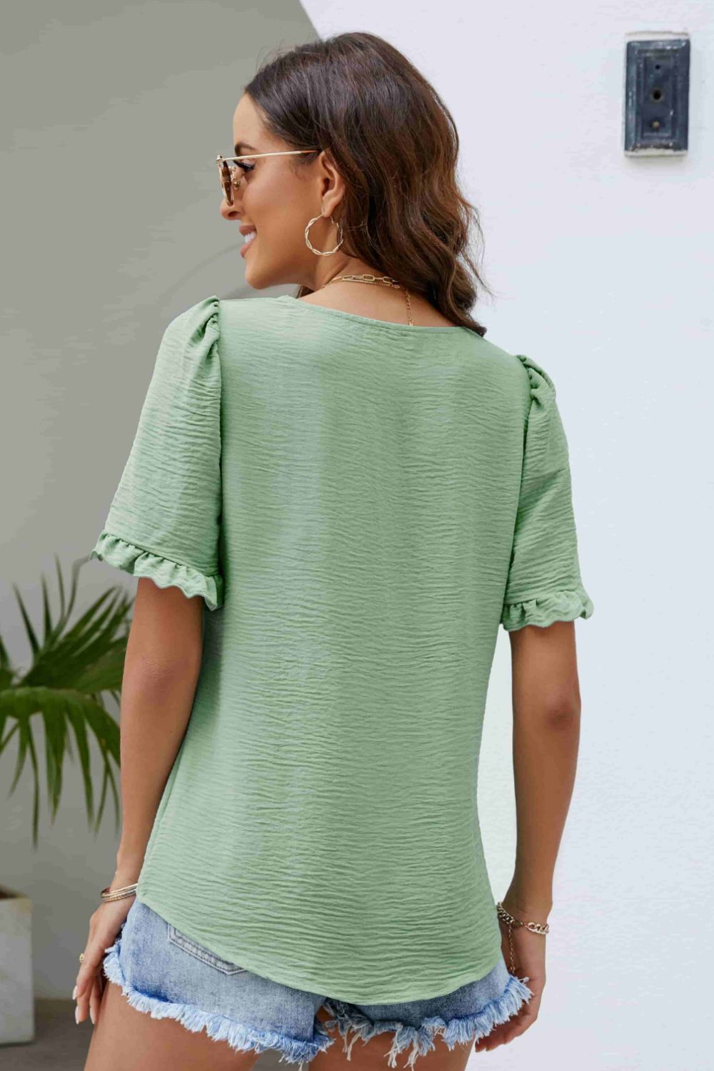 Frill Trim Puff Sleeve Square Neck Blouse  Shirts & Tops- Doll Fits