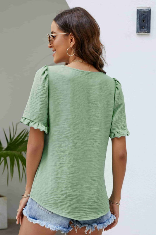 Frill Trim Puff Sleeve Square Neck Blouse  Shirts & Tops- Doll Fits