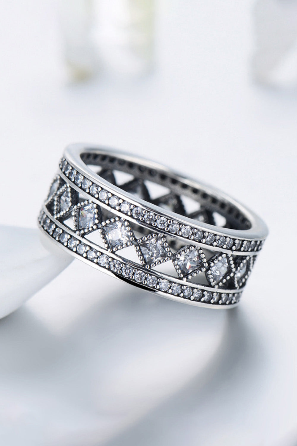 925 Sterling Silver Cutout Cubic Zirconia Ring  - Doll Fits
