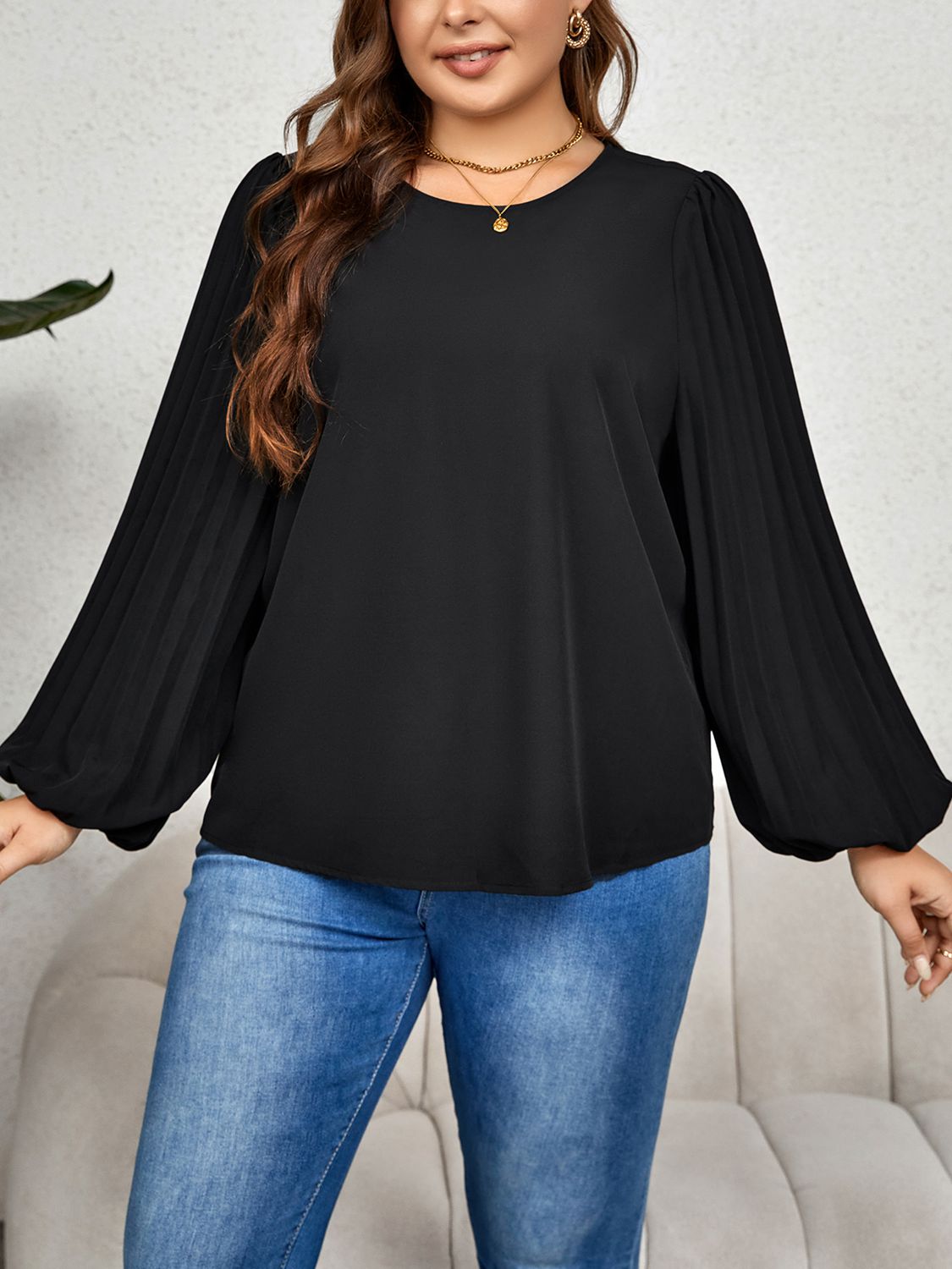Plus Size Round Neck Puff Sleeve Blouse  - Doll Fits