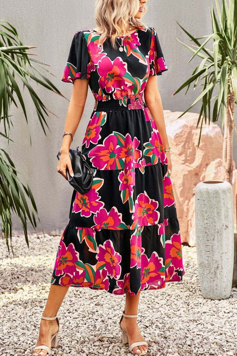 Floral Puff Sleeve Tiered Midi Dress  Dresses- Doll Fits
