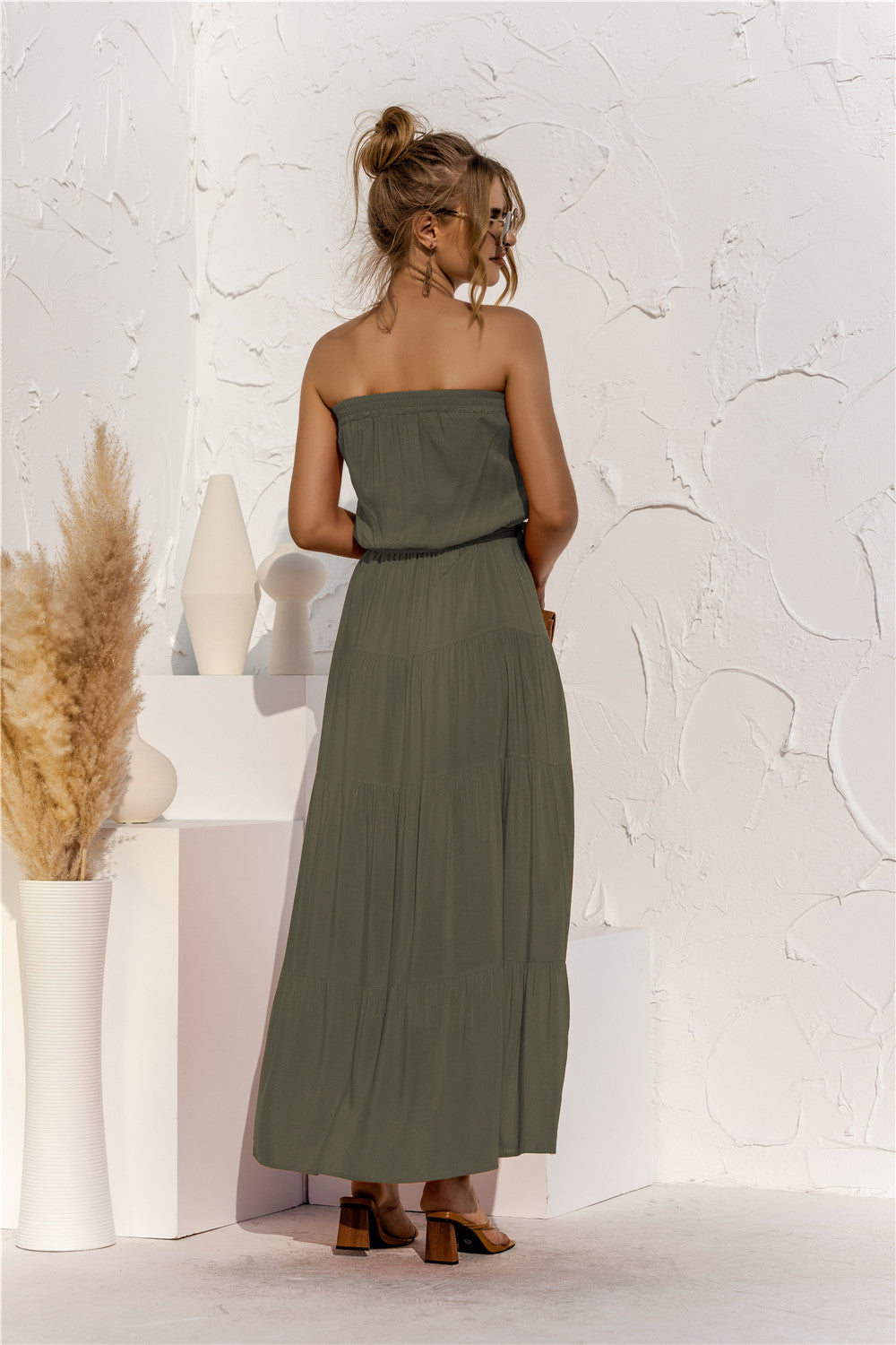 Strapless Tie Waist Tiered Maxi Dress  Dresses- Doll Fits