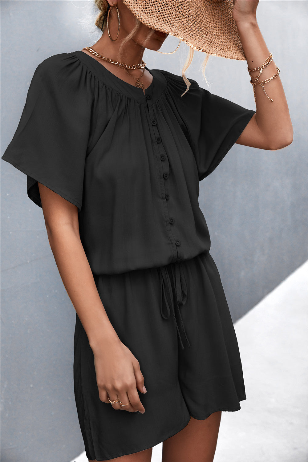 Buttoned Gather Detail Romper  Jumpsuits & Rompers- Doll Fits