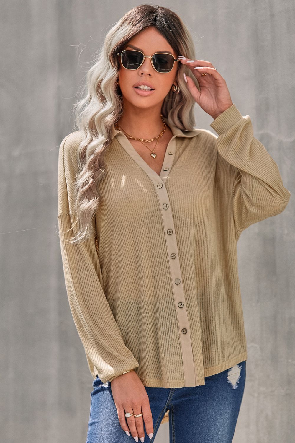 Button Front Dropped Shoulder Knit Shirt  Shirts & Tops- Doll Fits