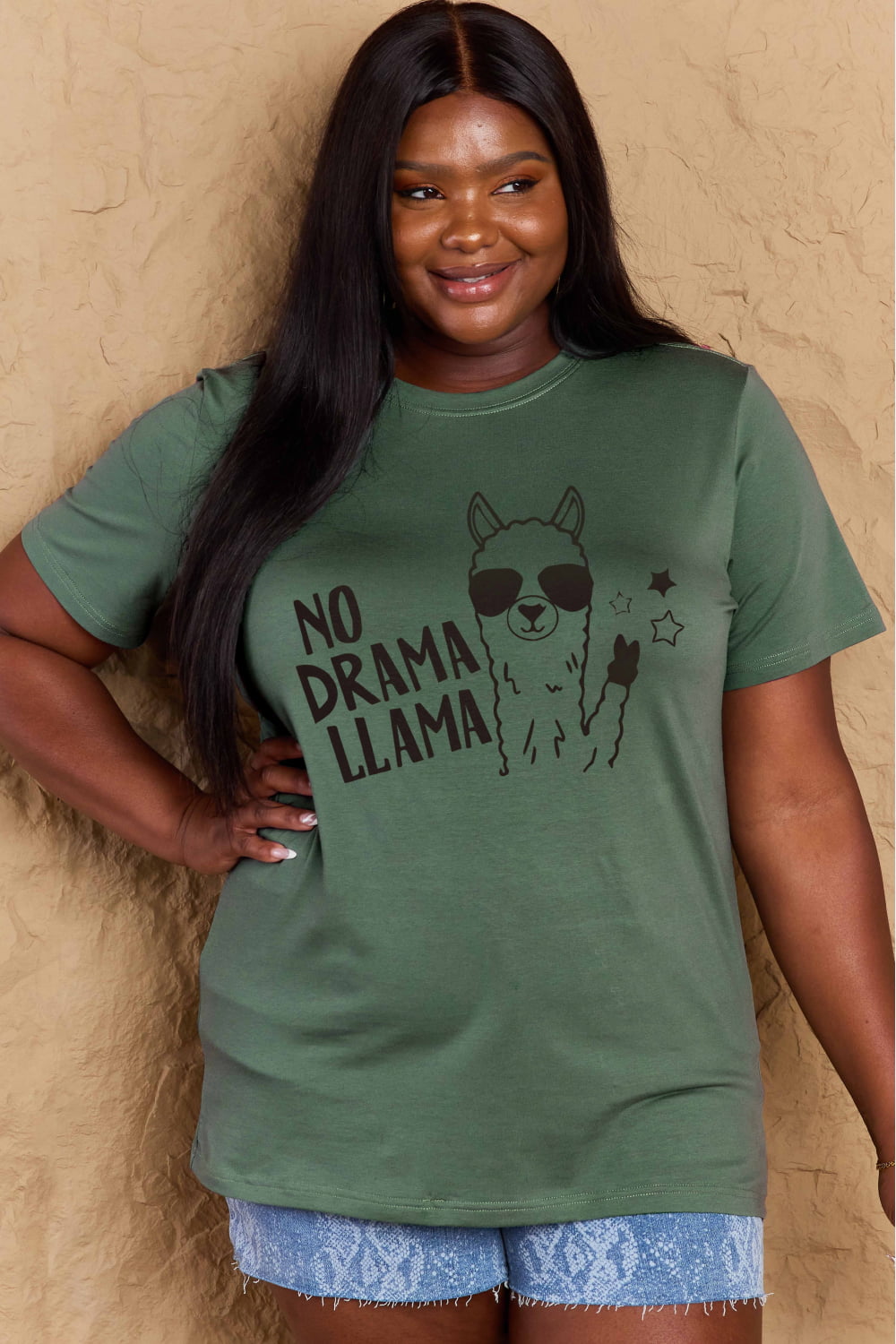 Simply Love Full Size NO DRAMA LLAMA Graphic Cotton Tee  - Doll Fits