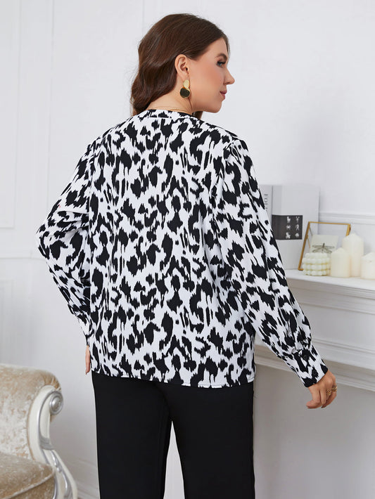 Melo Apparel Plus Size Printed Long Sleeve V-Neck Blouse  - Doll Fits