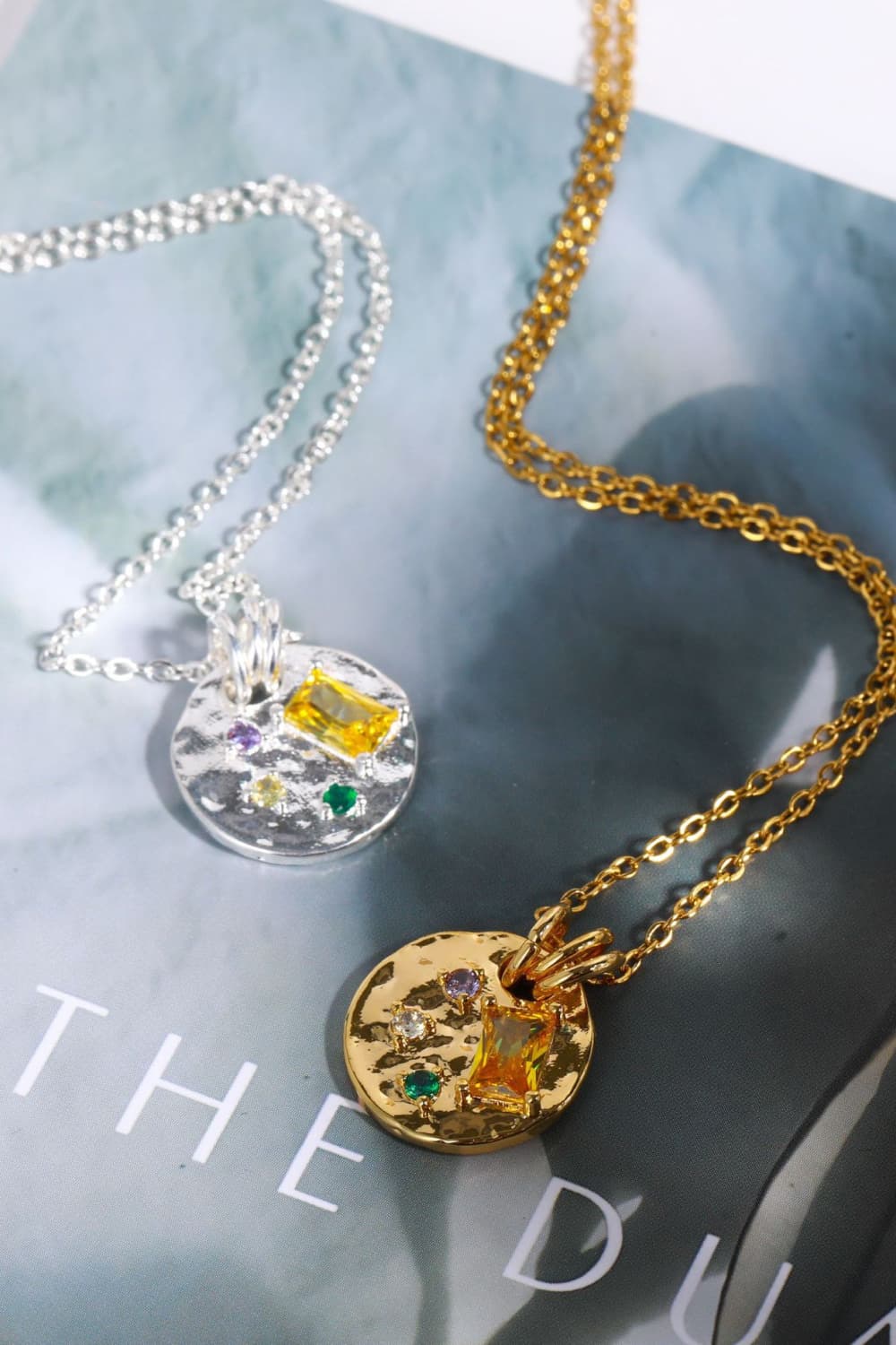 Inlaid Multicolored Zircon Round Pendant Copper Necklace  Necklaces- Doll Fits