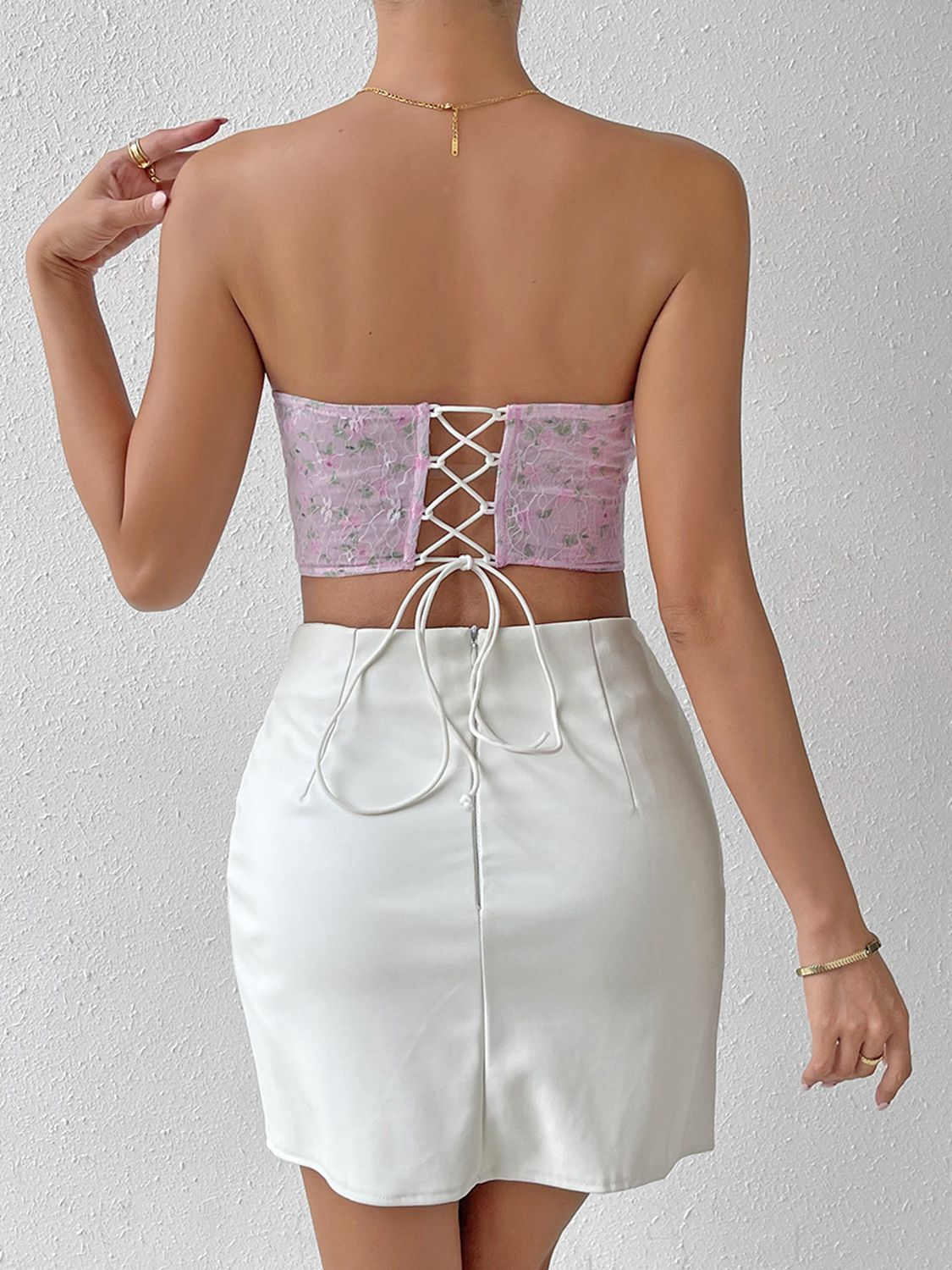 Floral Lace-Up Strapless Bustier  - Doll Fits