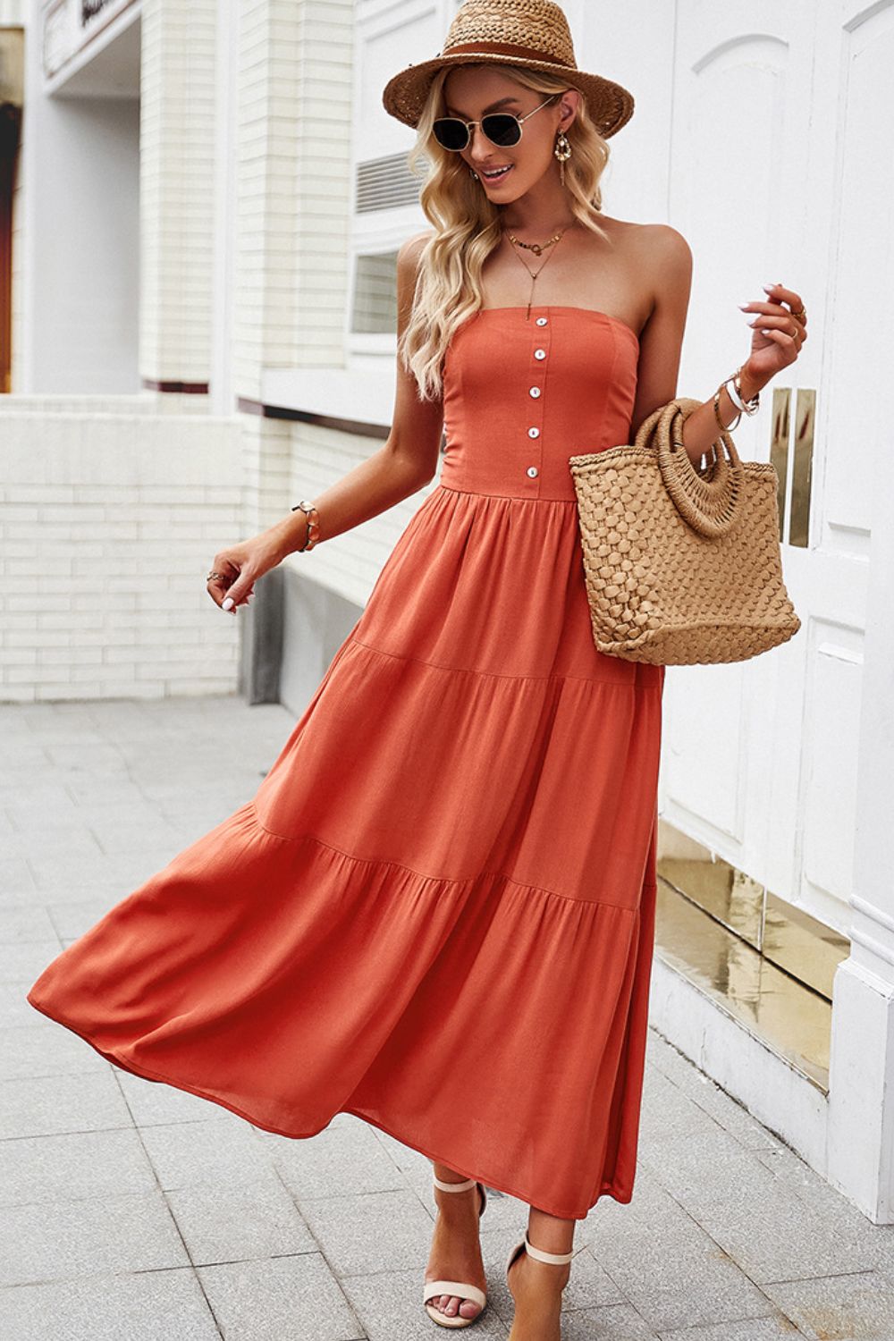 Strapless Buttoned Tiered Dress with Pockets  Dresses- Doll Fits