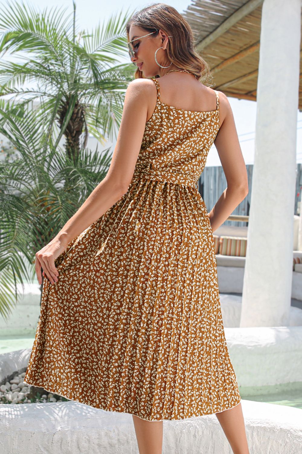Ditsy Floral Pleated Spaghetti Strap Belted Dress  Dresses- Doll Fits
