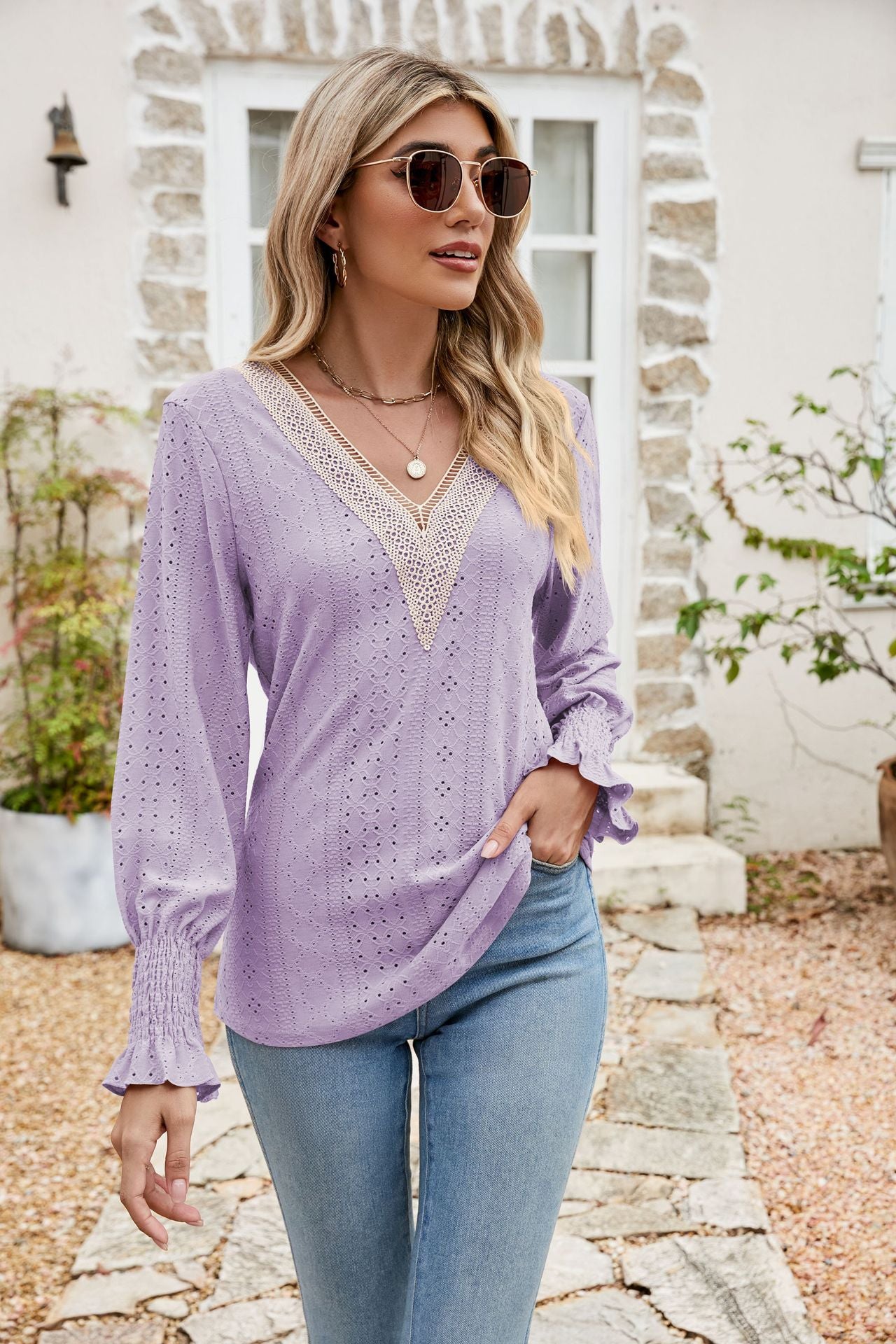 Eyelet V-Neck Smocked Flounce Sleeve Blouse  Shirts & Tops- Doll Fits