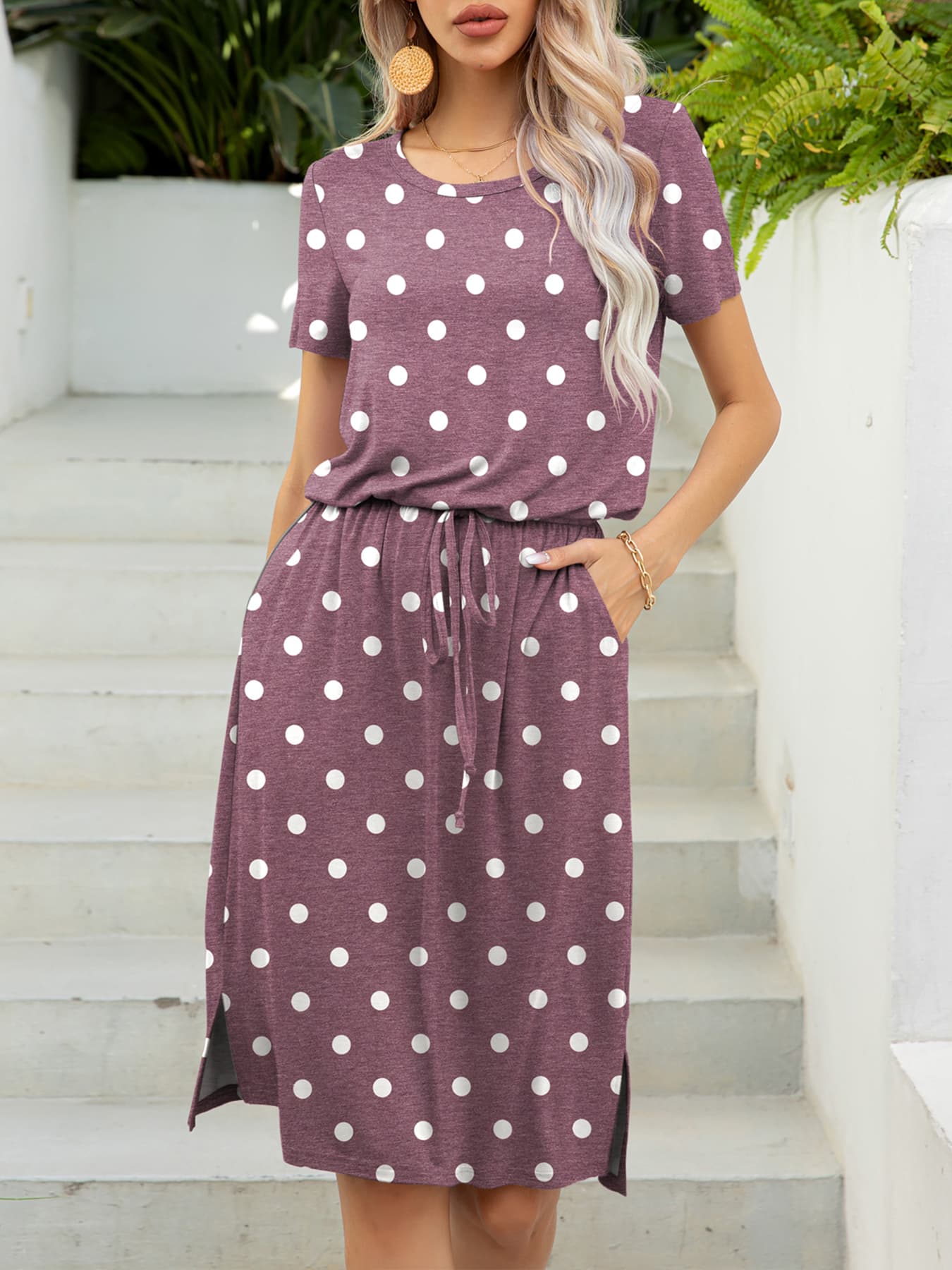 Round Neck Short Sleeve Slit Dress with Pockets  Dresses- Doll Fits