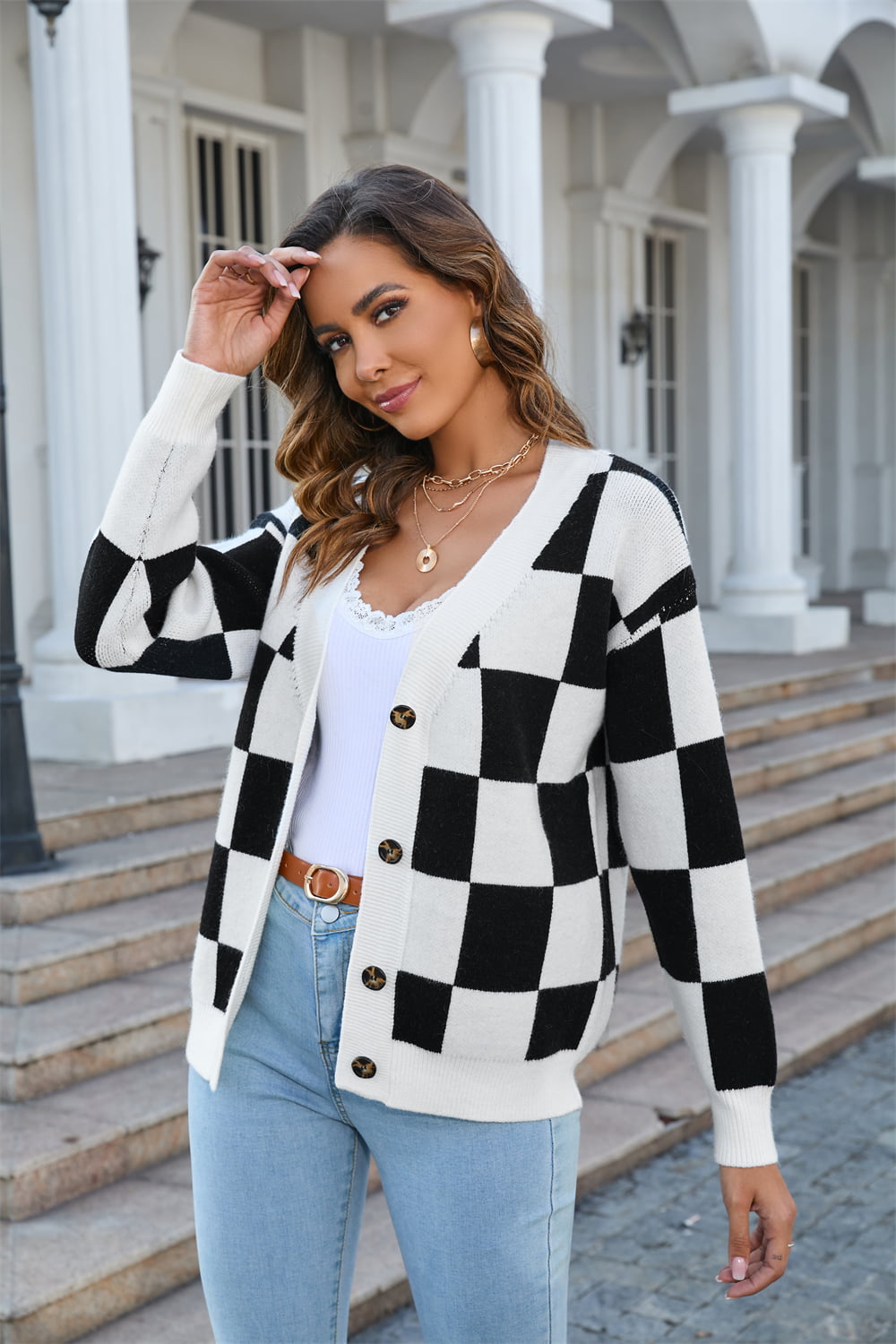 Button-Up Plaid V-Neck Dropped Shoulder Cardigan  - Doll Fits