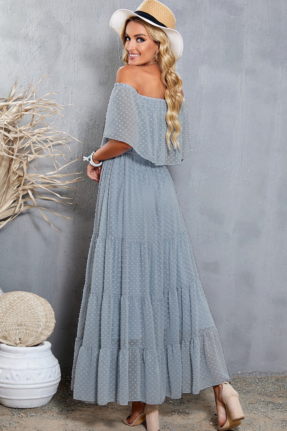 Swiss Dot Off-Shoulder Tiered Maxi Dress  Dresses- Doll Fits