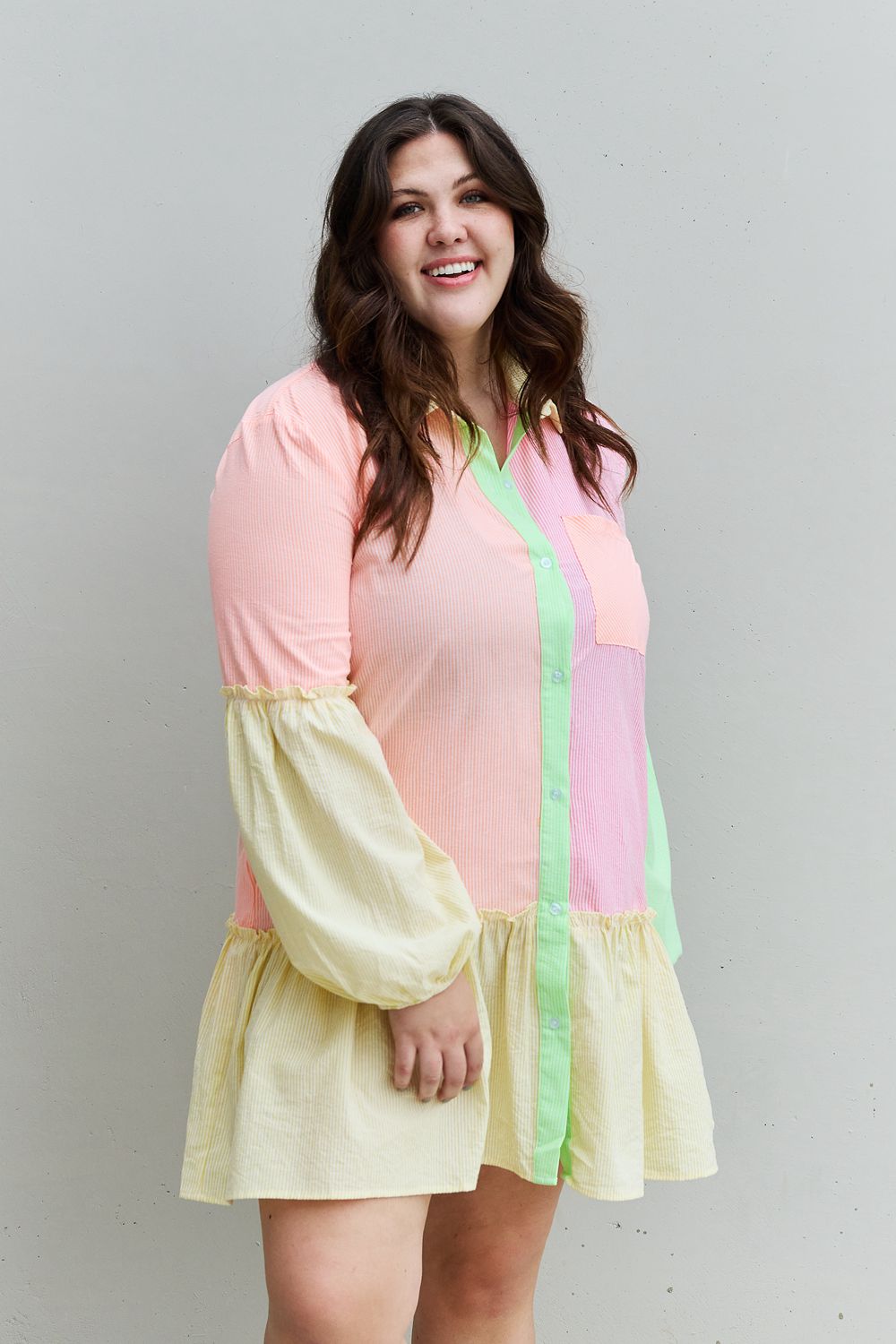 Davi & Dani Flying Colors Full Size Colorblock Long Sleeve Shirt Dress  Dresses- Doll Fits