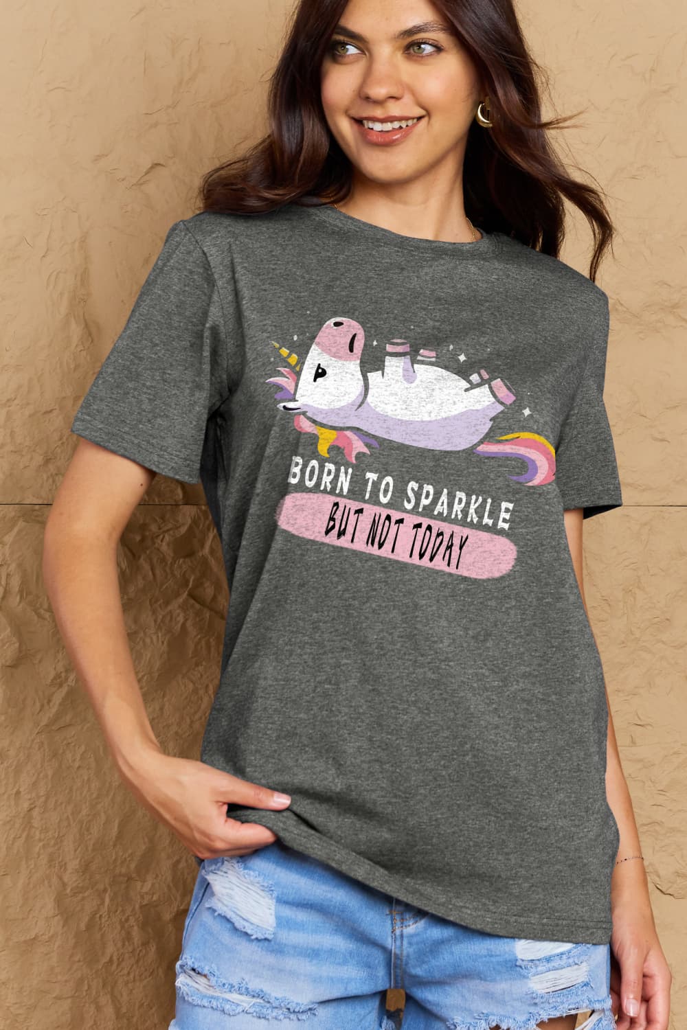 Simply Love Full Size BORN TO SPARKLE BUT NOT TODAY Graphic Cotton Tee  - Doll Fits