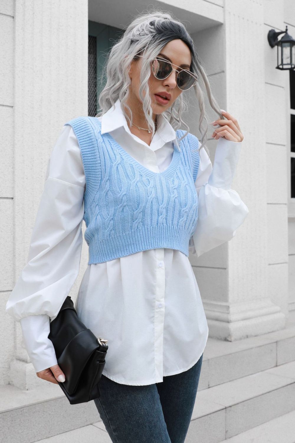 Cable-Knit Deep V Cropped Knit Vest  - Doll Fits