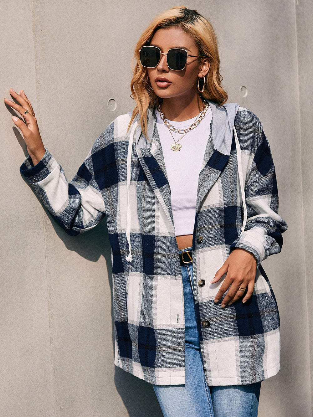 Plaid Dropped Shoulder Hooded Jacket  - Doll Fits