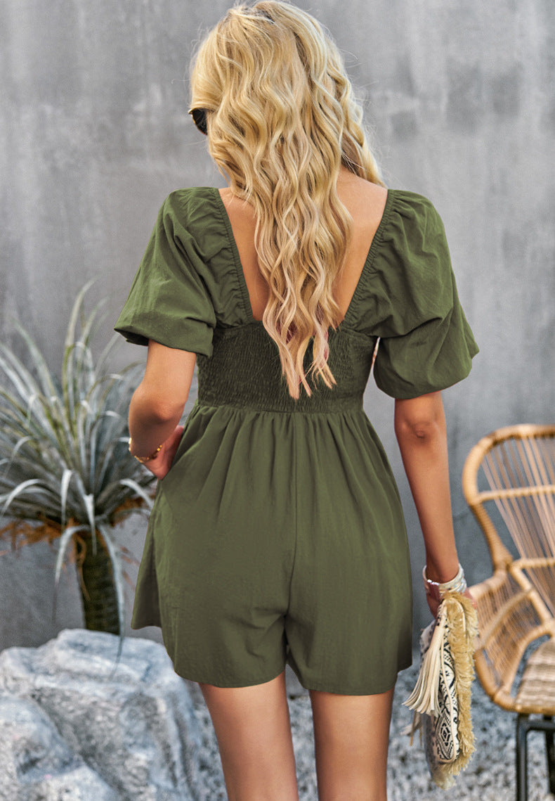 Square Neck Short Sleeve Smocked Romper  Jumpsuits & Rompers- Doll Fits