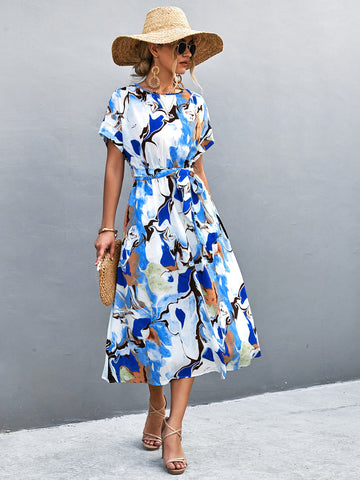 Round Neck Short Sleeve Tie Waist Midi Dress  Dresses- Doll Fits