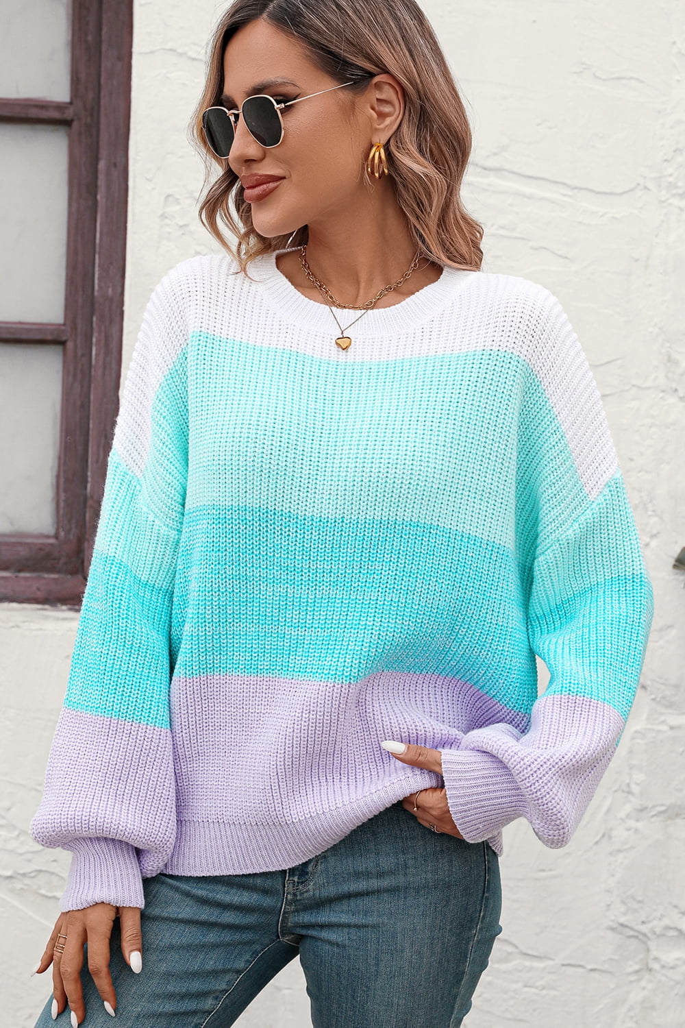 Round Neck Color Block Ribbed Pullover Sweater  Shirts & Tops- Doll Fits