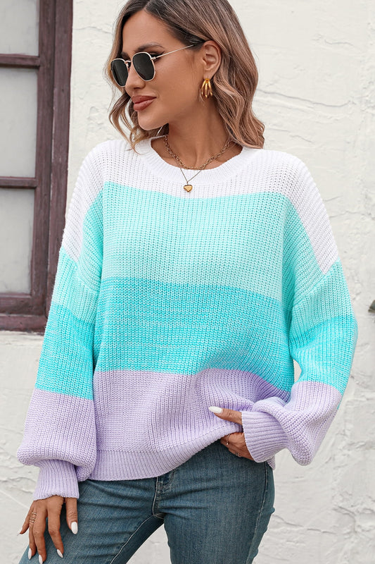 Round Neck Color Block Ribbed Pullover Sweater  Shirts & Tops- Doll Fits