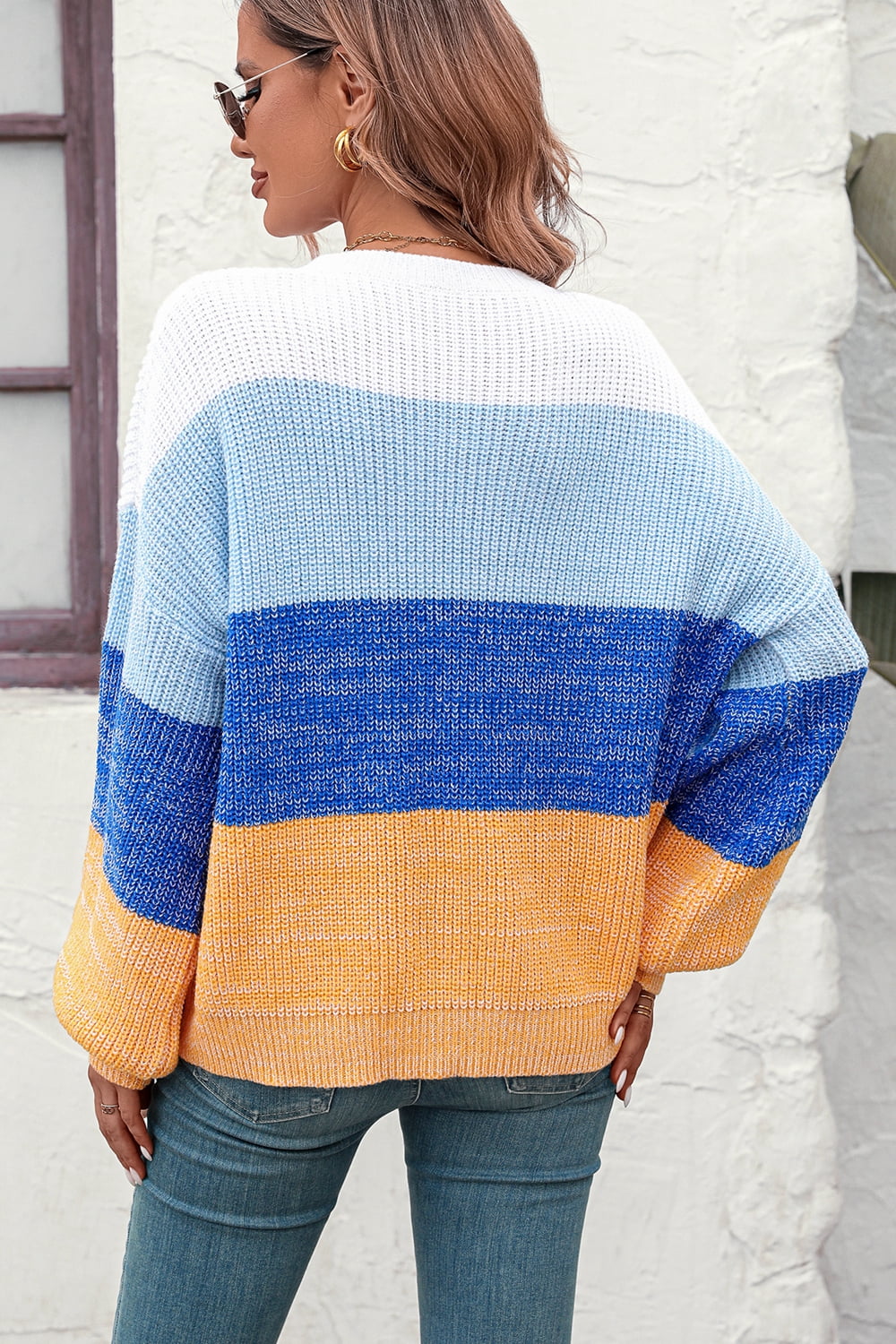 Round Neck Color Block Ribbed Pullover Sweater  Shirts & Tops- Doll Fits
