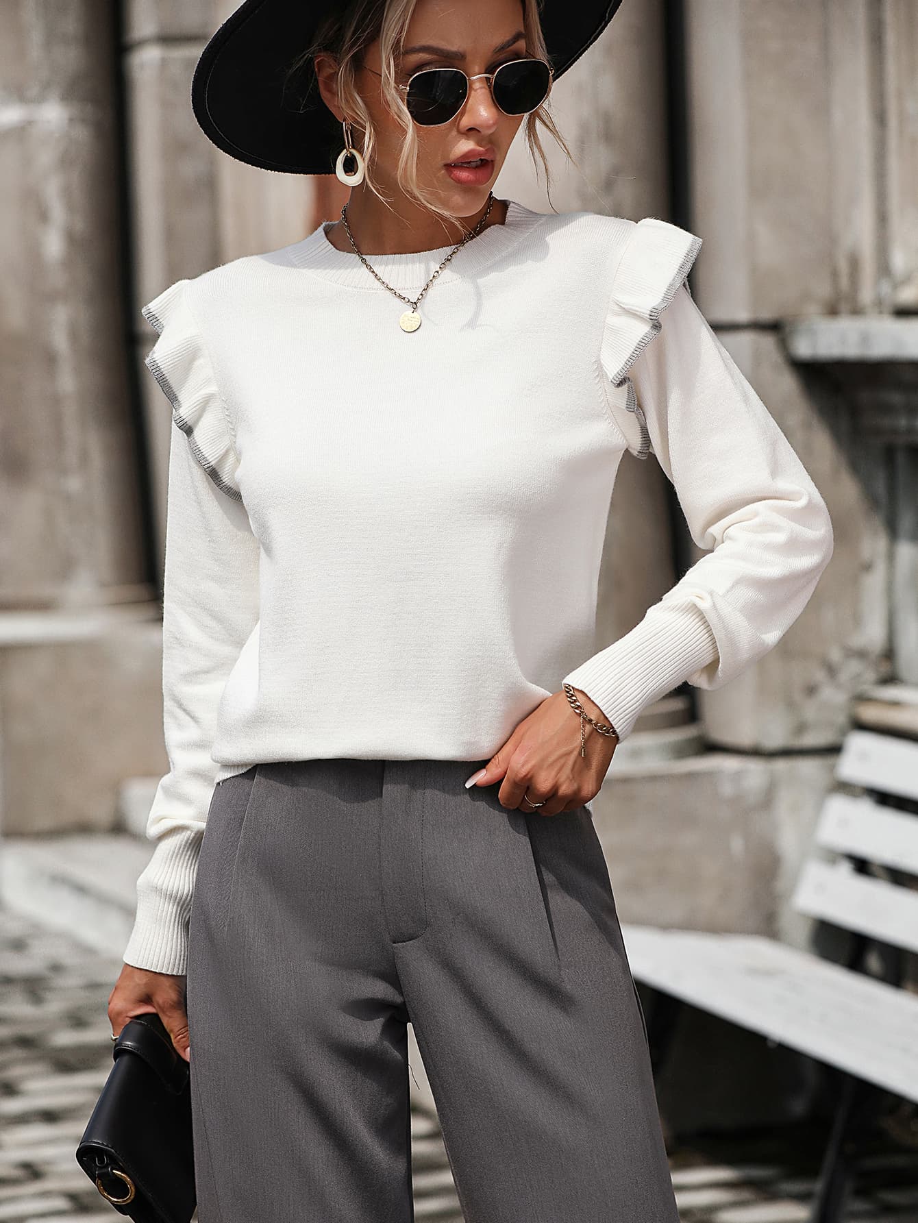 Round Neck Ruffle Trim Long Sleeve Pullover Sweater  - Doll Fits