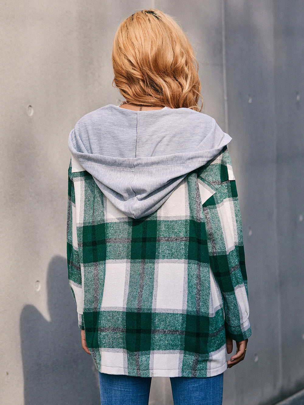 Plaid Dropped Shoulder Hooded Jacket  - Doll Fits