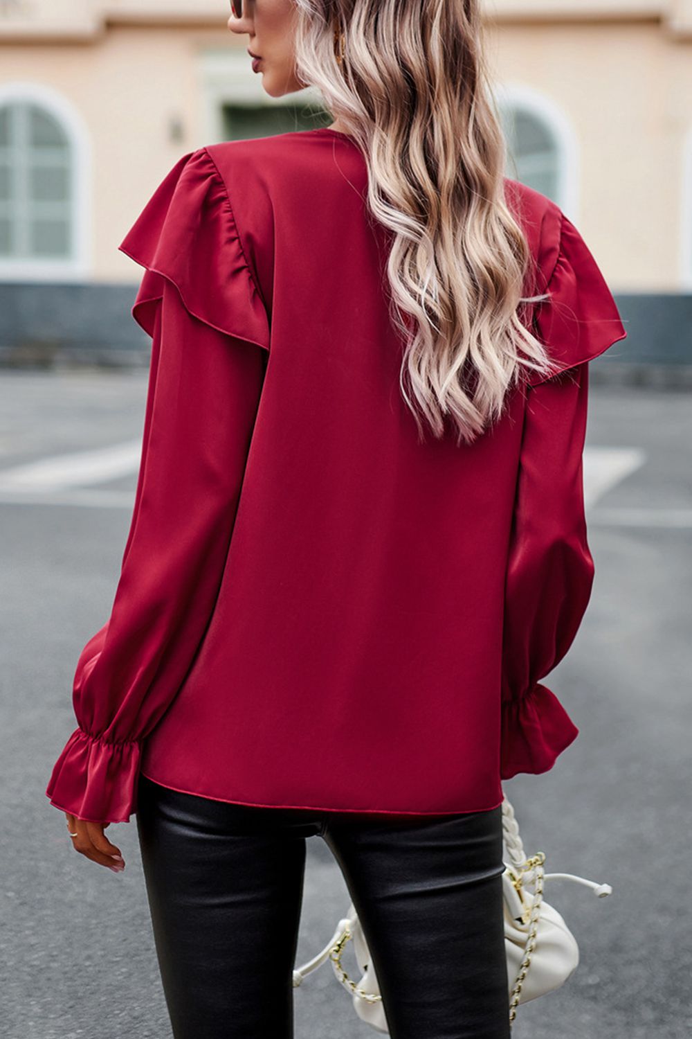 V-Neck Flounce Sleeve Ruffle Trim Blouse  - Doll Fits