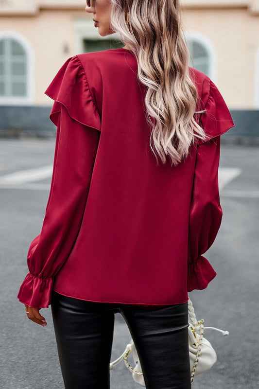 V-Neck Flounce Sleeve Ruffle Trim Blouse  - Doll Fits