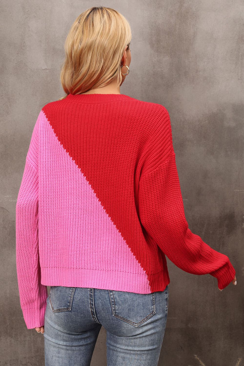 Two-Tone Round Neck Dropped Shoulder Sweater  Shirts & Tops- Doll Fits