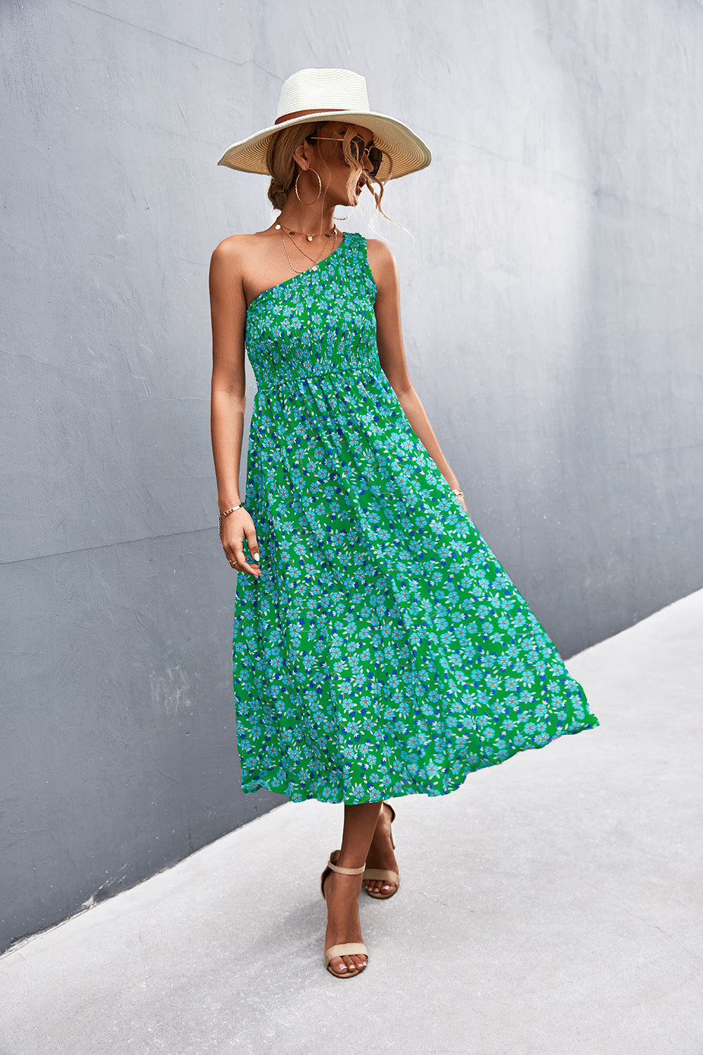 Floral Smocked One-Shoulder Midi Dress  Dresses- Doll Fits