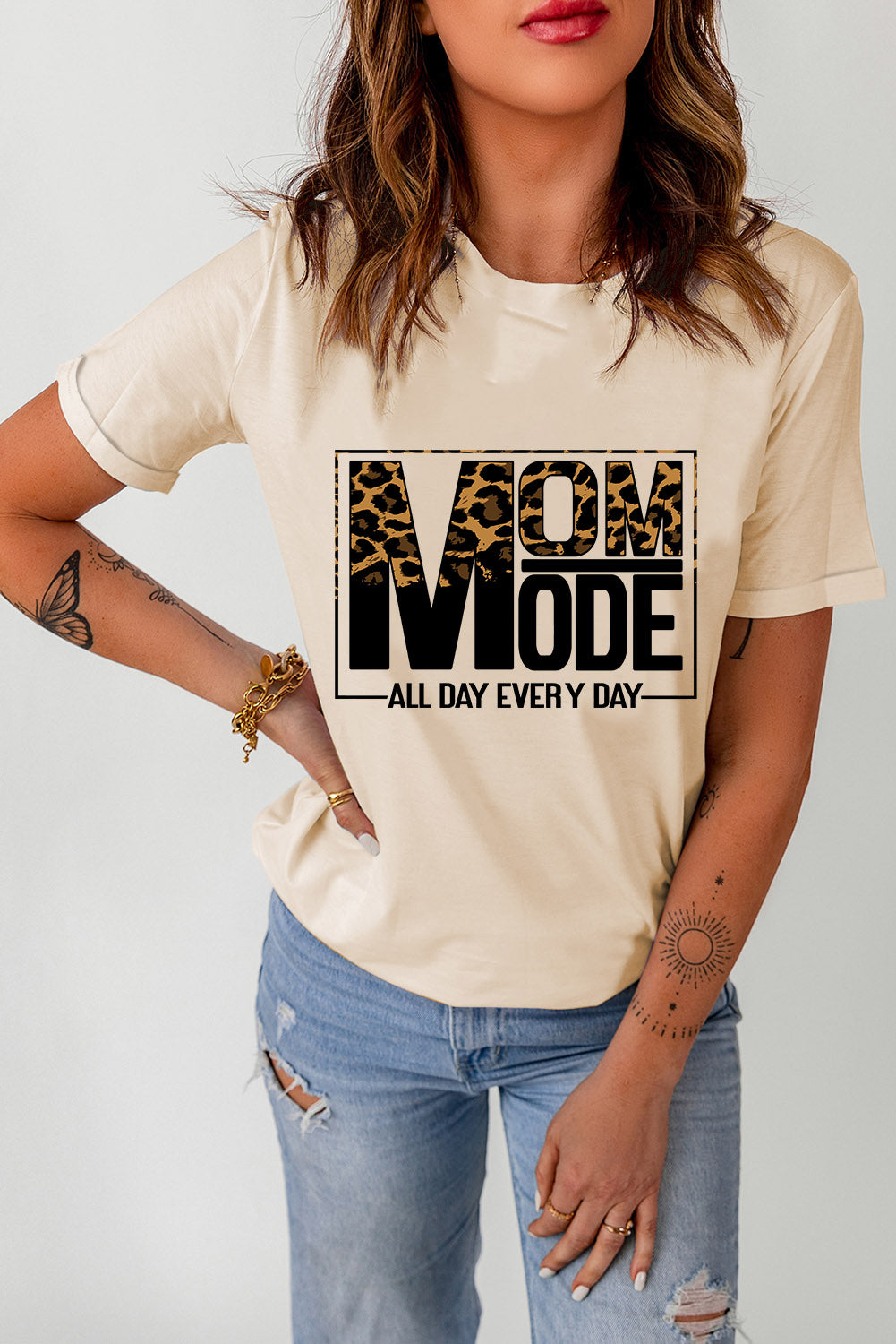Letter Graphic Cuffed Round Neck Tee Shirt  Shirts & Tops- Doll Fits