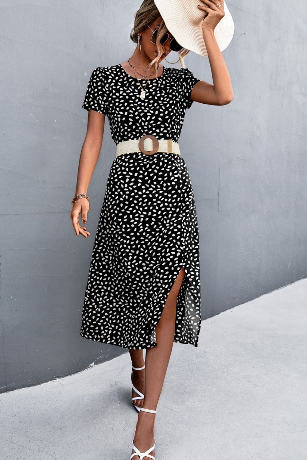 Printed Slit Cutout Midi Dress (Belt Not Included)  Dresses- Doll Fits