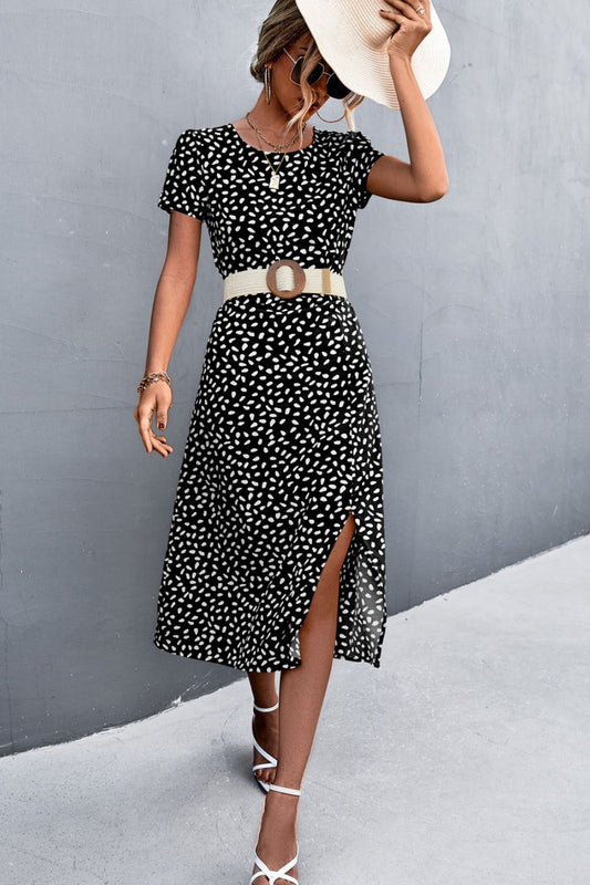 Printed Slit Cutout Midi Dress (Belt Not Included)  Dresses- Doll Fits