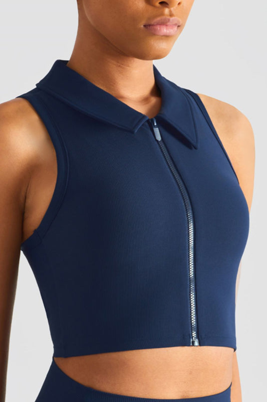 Zip Up Collared Cropped Sports Top  Activewear- Doll Fits