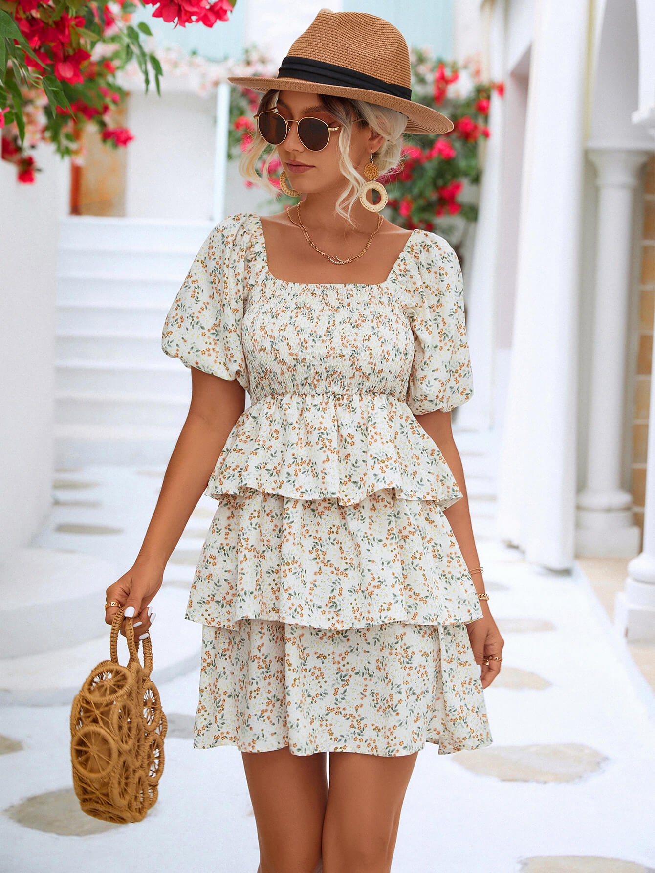 Floral Smocked Puff Sleeve Square Neck Layered Dress  Dresses- Doll Fits