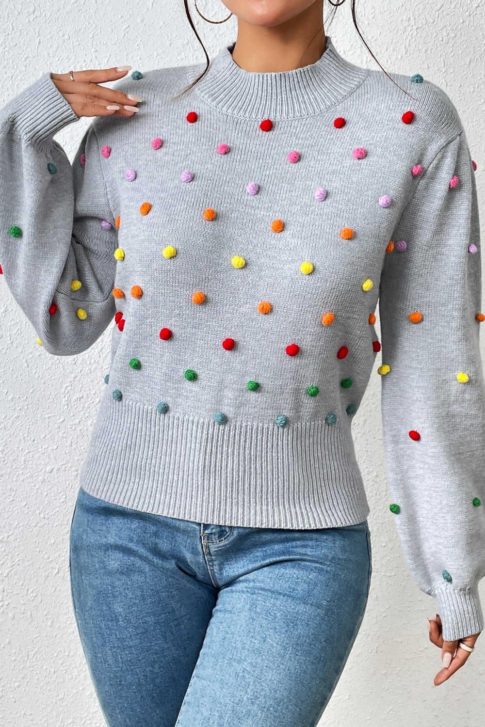 Pom-Pom Trim Mock Neck Long Sleeve Pullover Sweater  - Doll Fits