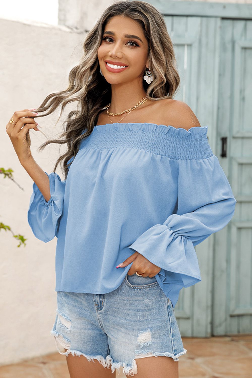 Off-Shoulder Flare Sleeve Smocked Neck Blouse  Shirts & Tops- Doll Fits