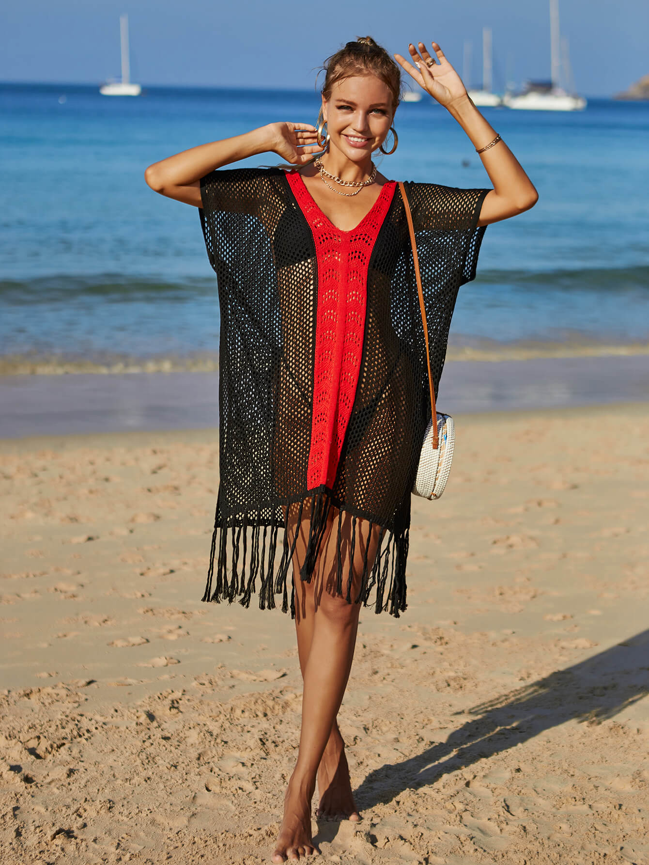 Contrast Fringe Trim Openwork Cover-Up Dress  Swimwear- Doll Fits
