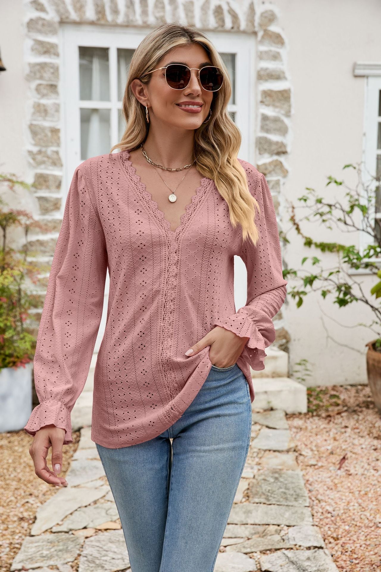 Eyelet Lace Trim Flounce Sleeve Blouse  Shirts & Tops- Doll Fits