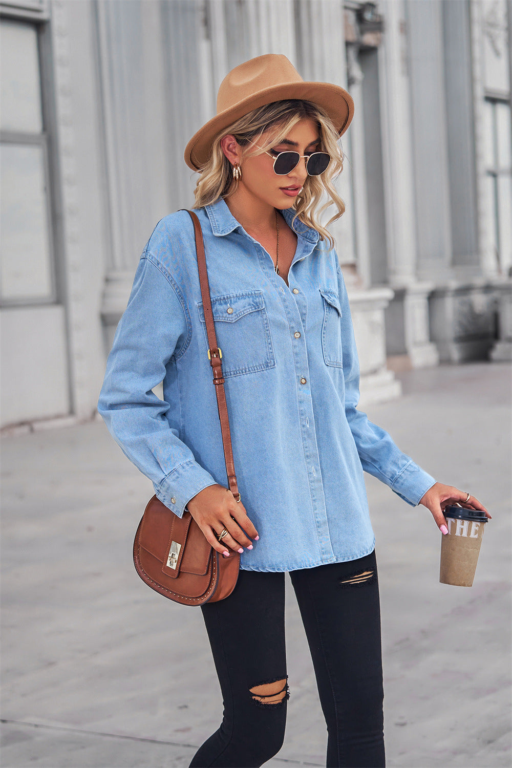 Collared Neck Dropped Shoulder Denim Top  Shirts & Tops- Doll Fits