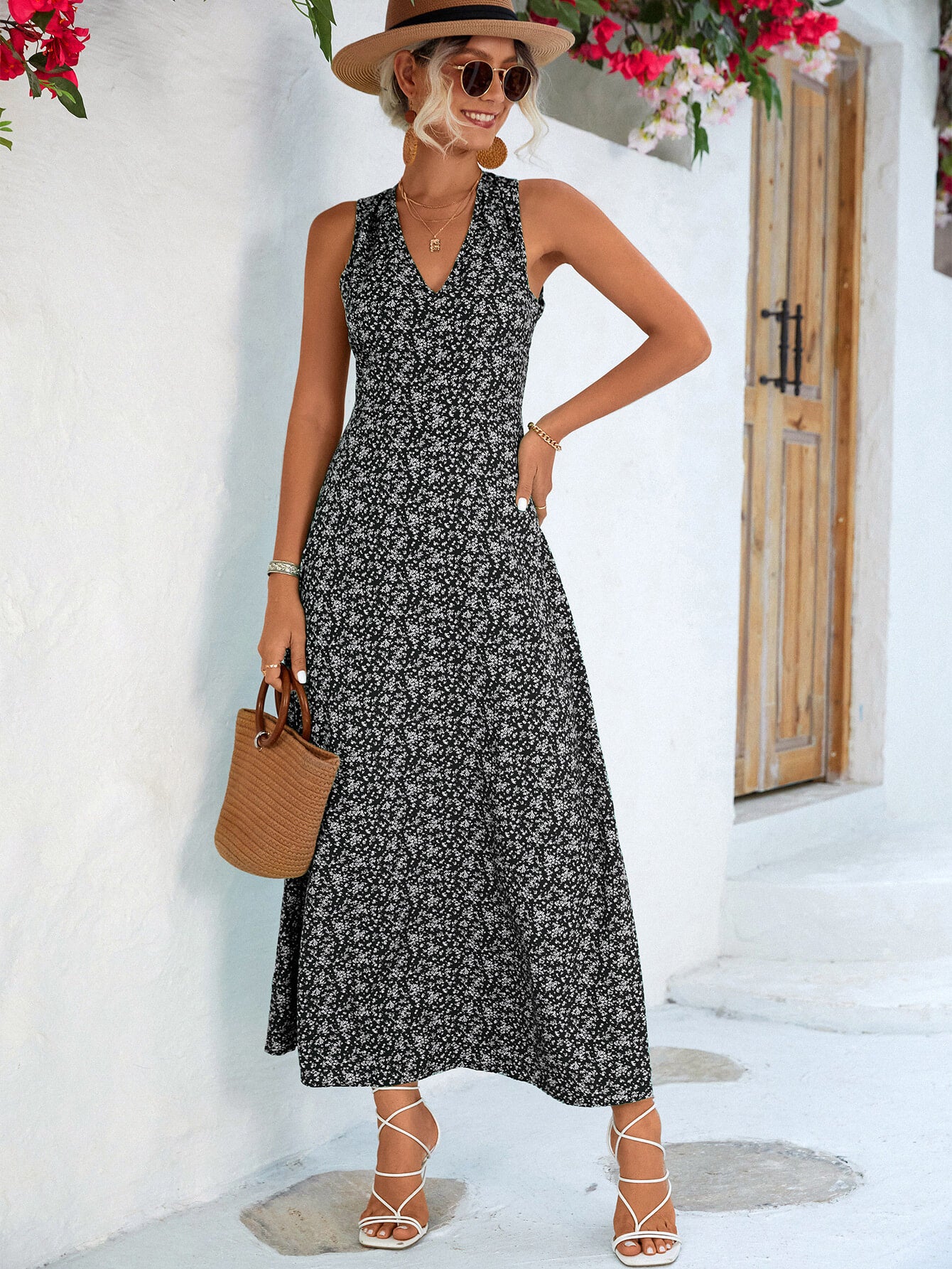 Printed Open Back Sleeveless Maxi Dress  Dresses- Doll Fits