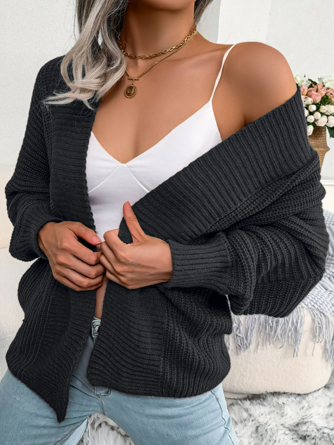 Rib-Knit Open Front Dolman Sleeve Cardigan  Coats & Jackets- Doll Fits